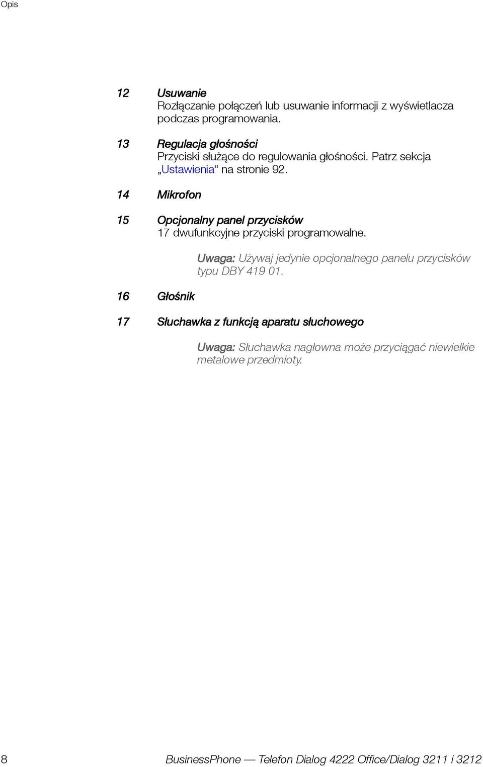 14 Mikrofon 15 Opcjonalny panel przycisków 17 dwufunkcyjne przyciski programowalne.