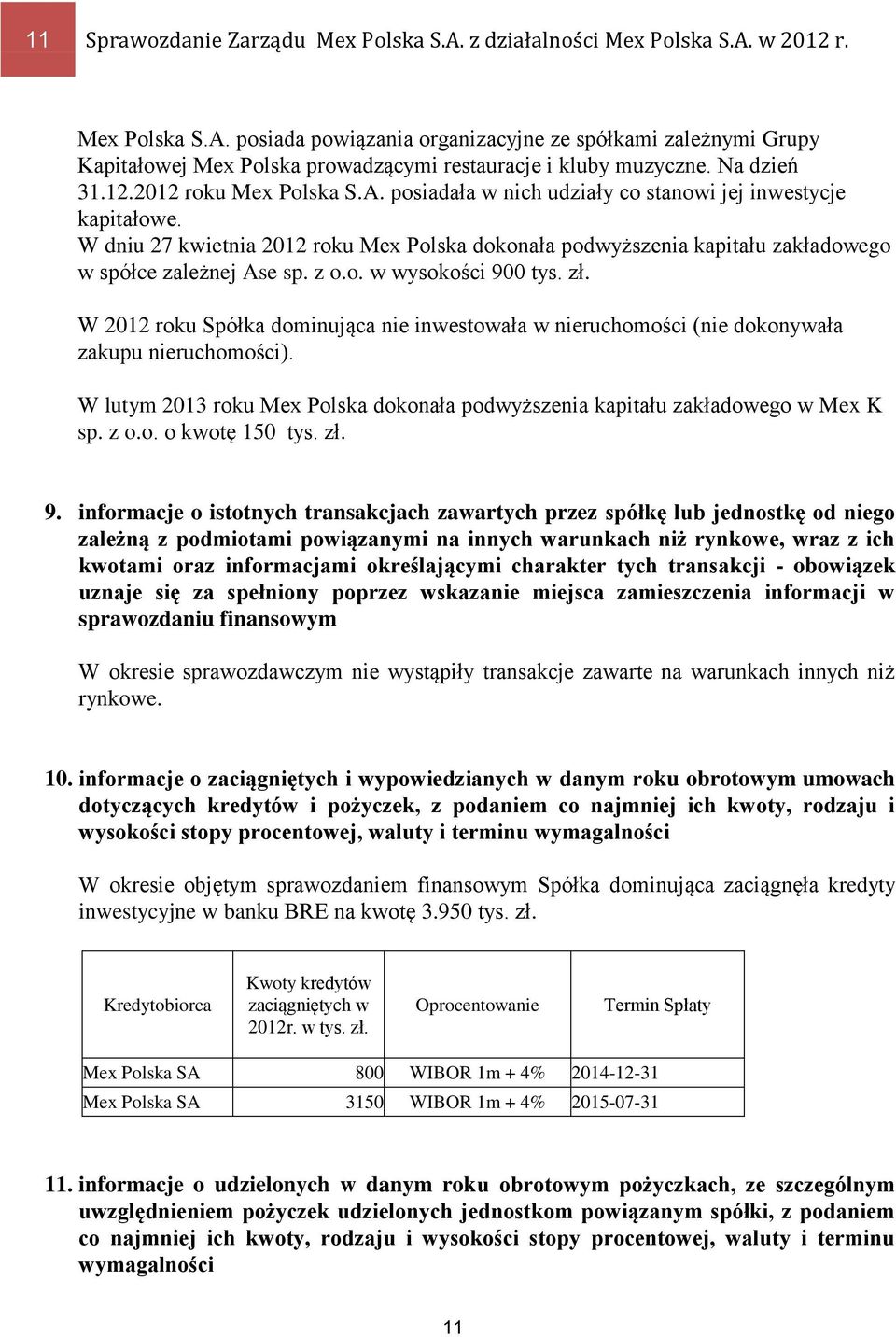 W dniu 27 kwietnia 2012 roku Mex Polska dokonała podwyższenia kapitału zakładowego w spółce zależnej Ase sp. z o.o. w wysokości 900 tys. zł.