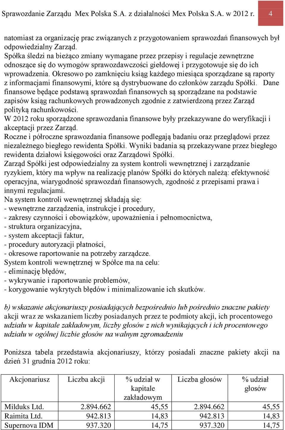 Okresowo po zamknięciu ksiąg każdego miesiąca sporządzane są raporty z informacjami finansowymi, które są dystrybuowane do członków zarządu Spółki.