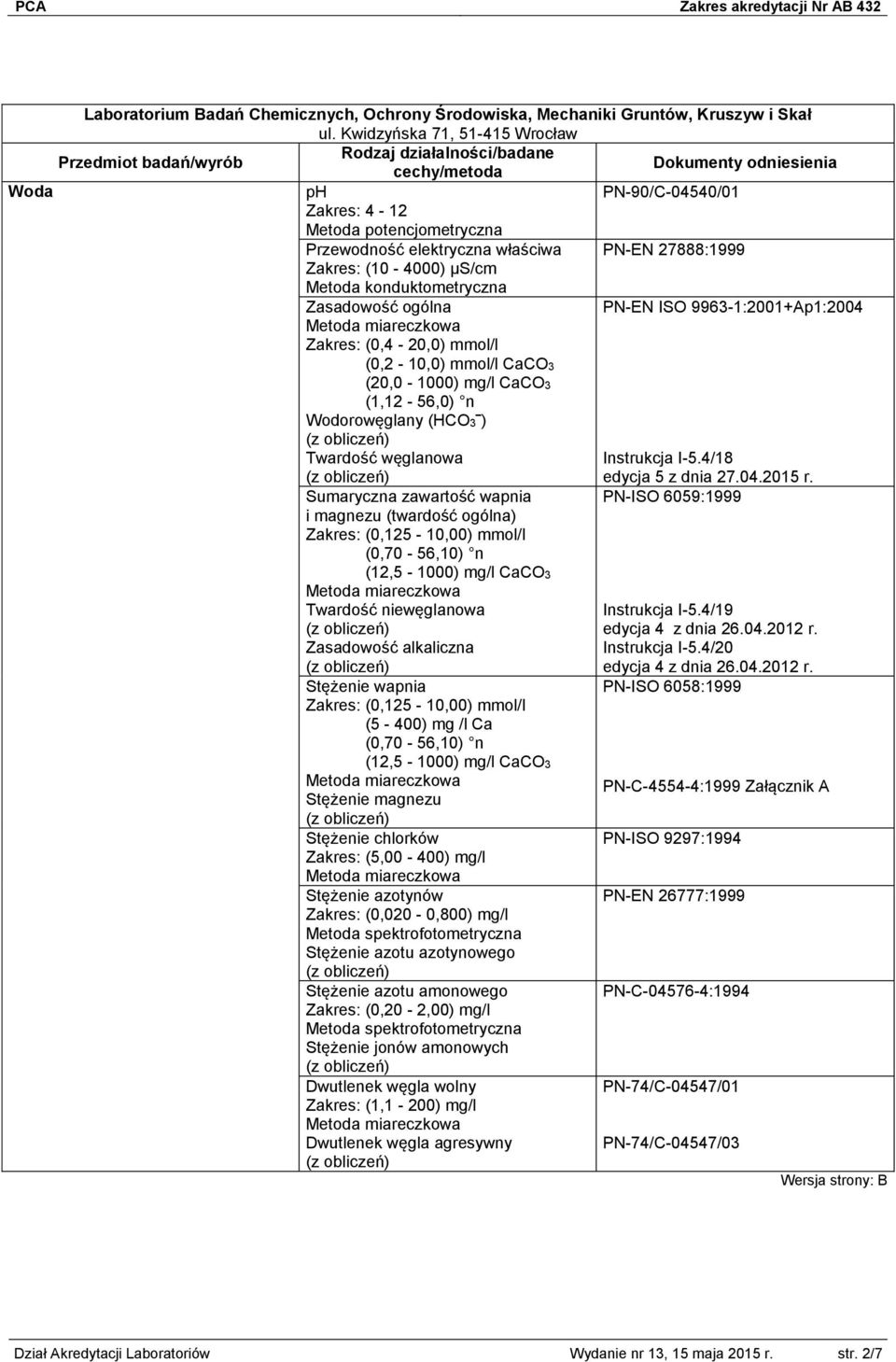 ogólna PN-EN ISO 9963-1:2001+Ap1:2004 Zakres: (0,4-20,0) mmol/l (0,2-10,0) mmol/l CaCO3 (20,0-1000) mg/l CaCO3 (1,12-56,0) n Wodorowęglany (HCO3 ) Twardość węglanowa Instrukcja I-5.