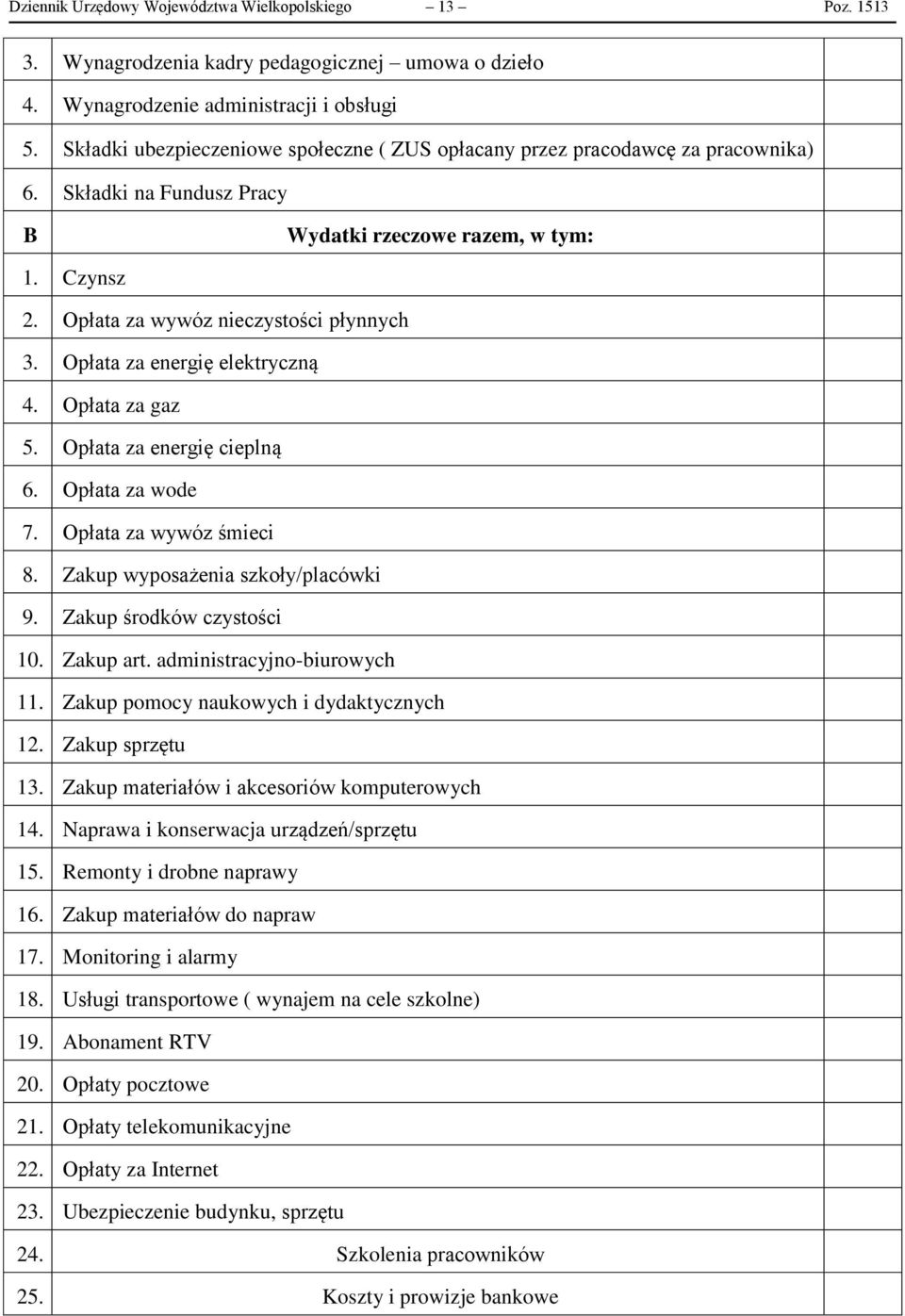 Opłata za energię elektryczną 4. Opłata za gaz 5. Opłata za energię cieplną 6. Opłata za wode 7. Opłata za wywóz śmieci 8. Zakup wyposażenia szkoły/placówki 9. Zakup środków czystości 10. Zakup art.