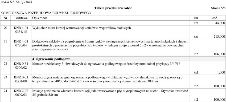 powierzchni ścian zaprawa cementową 4 Ogrzewanie podłogowe MontaŜ rozdzielaczy 3-obwodowych do ogrzewania podłogowego o średnicy nominalnej przyłączy 3/4"/16 MontaŜ części instalacyjnej ogrzewania