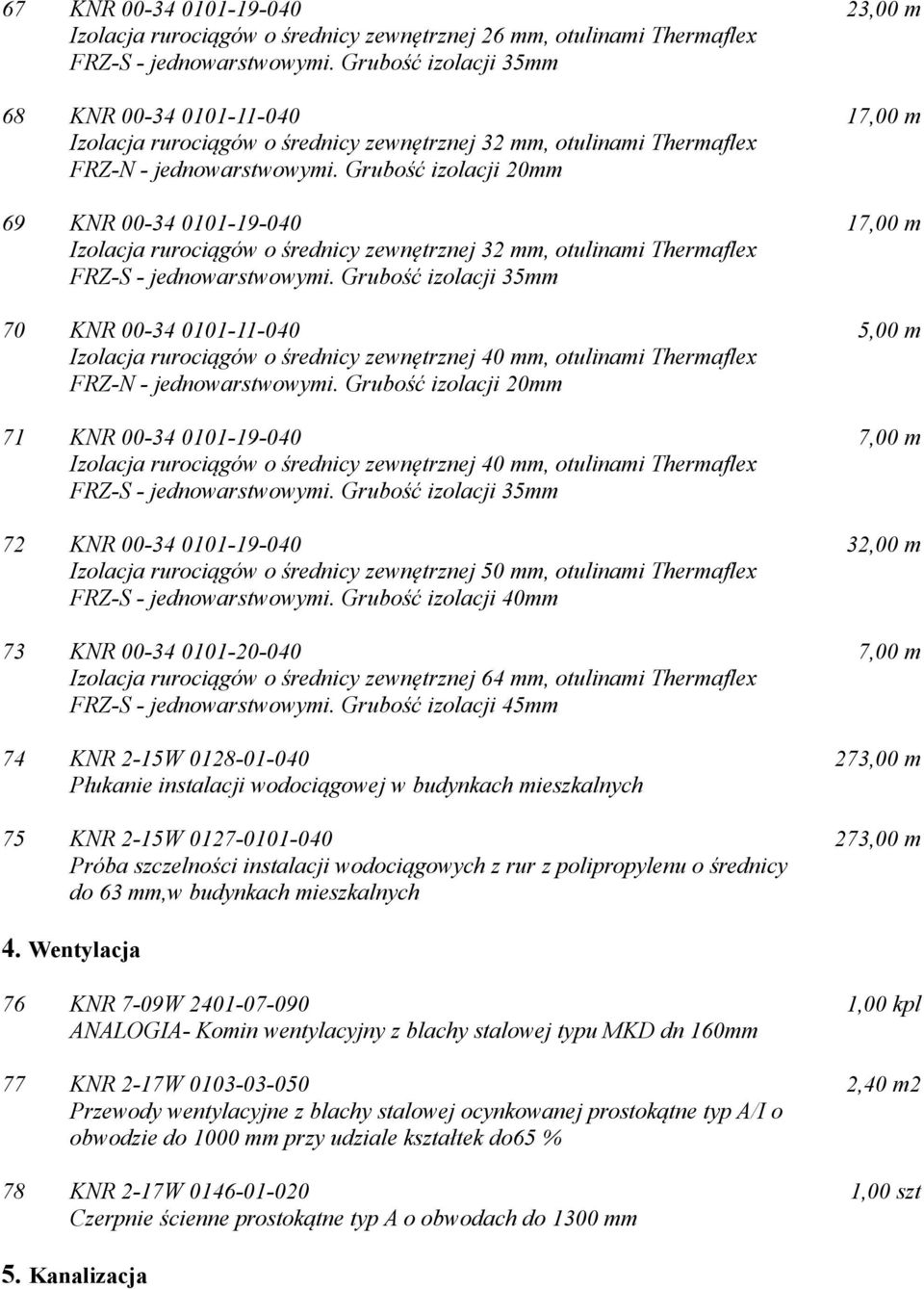 0101-19-040 Izolacja rurociągów o średnicy zewnętrznej 40 mm, otulinami Thermaflex 72 KNR 00-34 0101-19-040 Izolacja rurociągów o średnicy zewnętrznej 50 mm, otulinami Thermaflex FRZ-S -