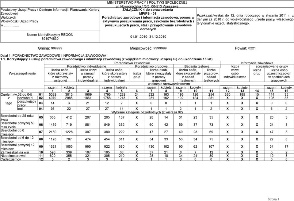 dorosłych 01.01.2010-31.12.2010 Prekaać/wysłać do 12. dnia robocego w stycniu 2011 r. danymi a 2010 r. do wojewódkiego urędu / właściwego terytorialnie urędu statystycnego.