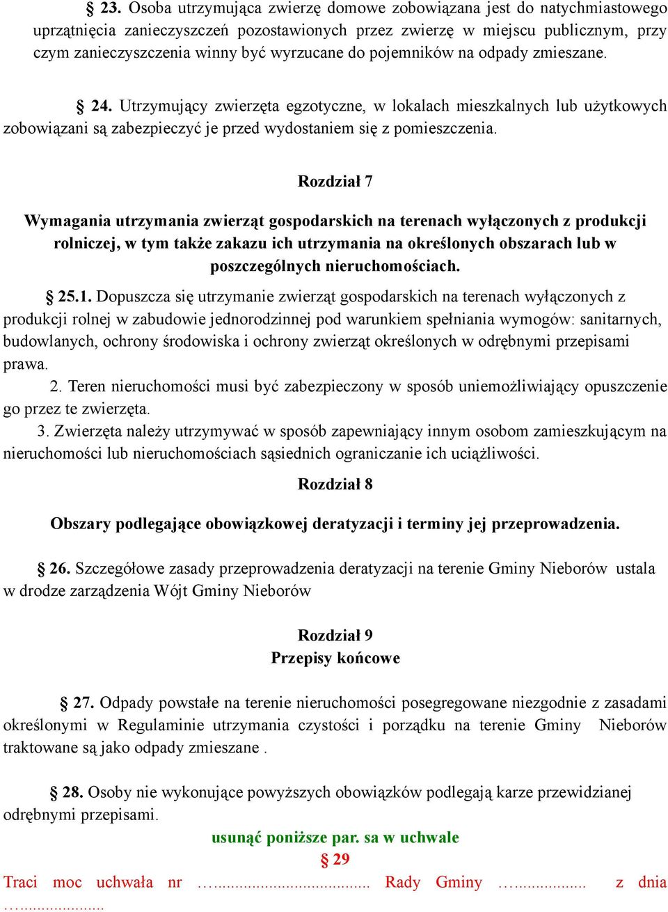 Rozdział 7 Wymagania utrzymania zwierząt gospodarskich na terenach wyłączonych z produkcji rolniczej, w tym także zakazu ich utrzymania na określonych obszarach lub w poszczególnych nieruchomościach.