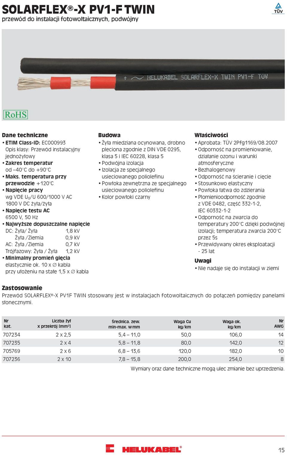 0,9 kv AC: Żyła /Ziemia 0,7 kv Trójfazowy: Żyła / Żyła 1,2 kv Minimalny promień gięcia elastycznie ok.