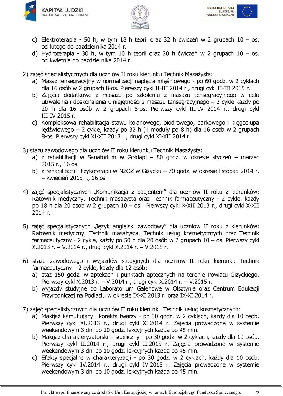 w 2 cyklach dla 16 osób w 2 grupach 8-os. Pierwszy cykl II-III 2014 r., drugi cykl II-III 2015 r.