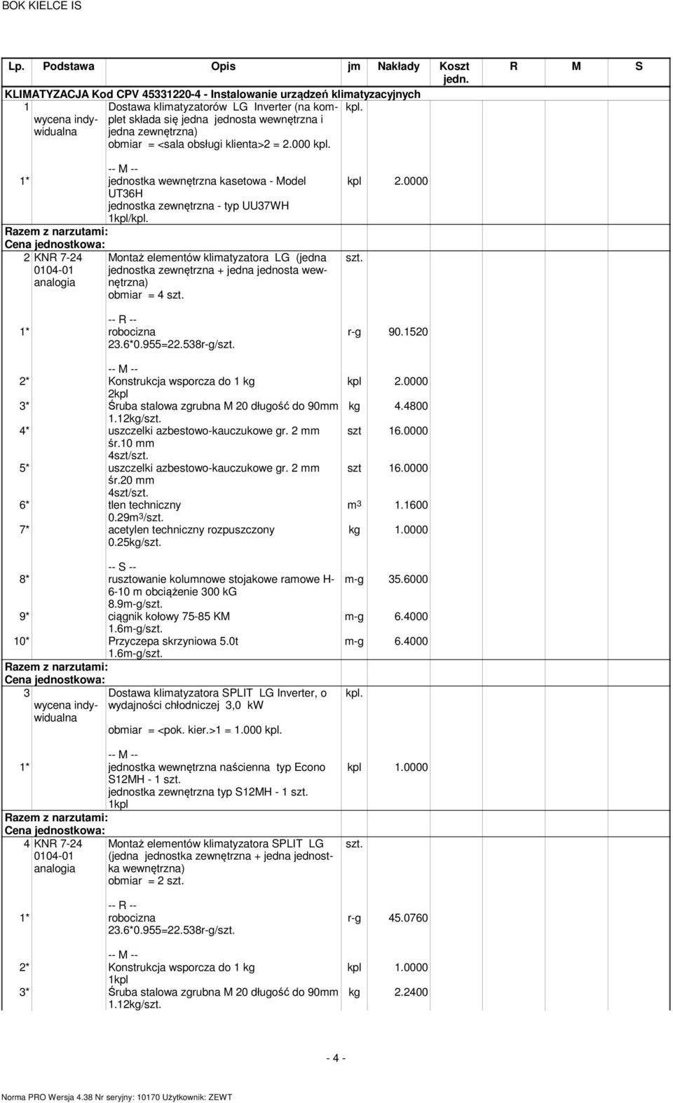 000 1* jednostka wewnętrzna kasetowa - Model UT36H jednostka zewnętrzna - typ UU37WH 1kpl/ 2 KNR 7-24 Montaż eleentów kliatyzatora LG (jedna jednostka zewnętrzna + jedna jednosta wewnętrzna) obiar =