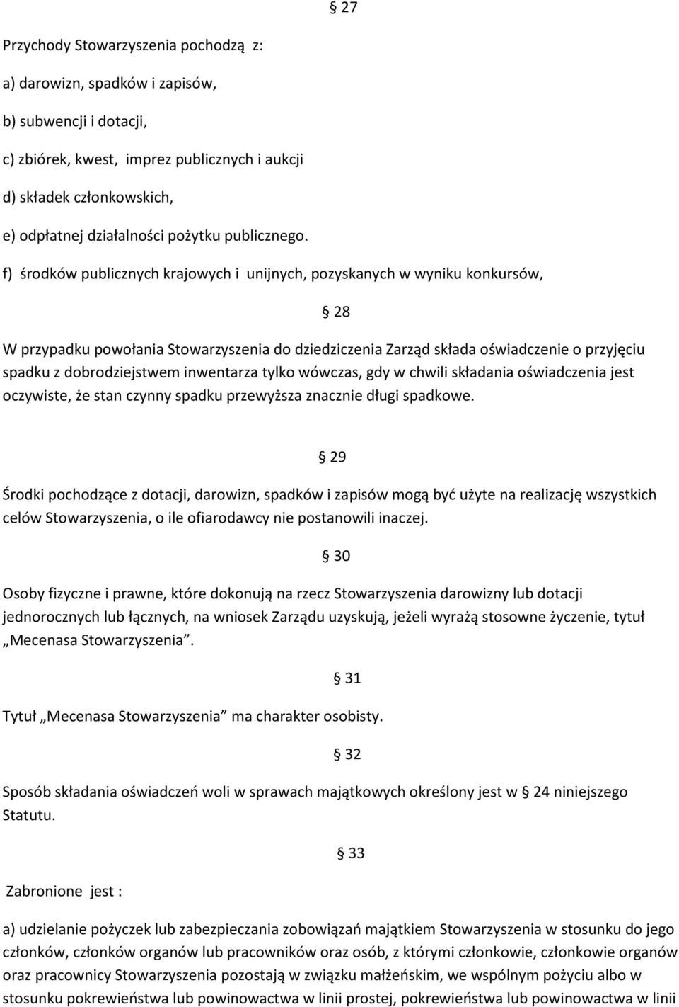 f) środków publicznych krajowych i unijnych, pozyskanych w wyniku konkursów, 28 W przypadku powołania Stowarzyszenia do dziedziczenia Zarząd składa oświadczenie o przyjęciu spadku z dobrodziejstwem
