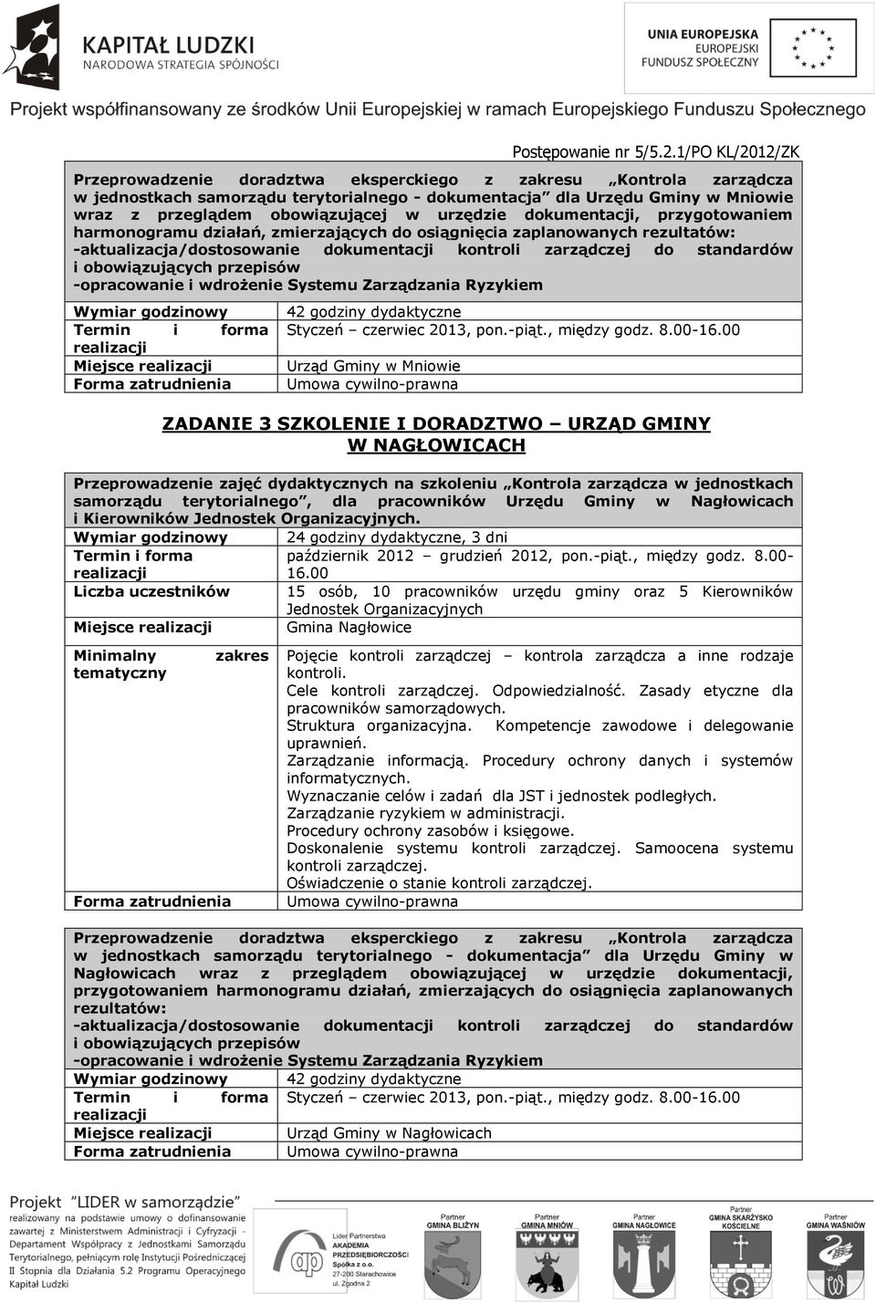 00- Urząd Gminy w Mniowie ZADANIE 3 SZKOLENIE I DORADZTWO URZĄD GMINY W NAGŁOWICACH samorządu terytorialnego, dla pracowników Urzędu Gminy w Nagłowicach i Kierowników.