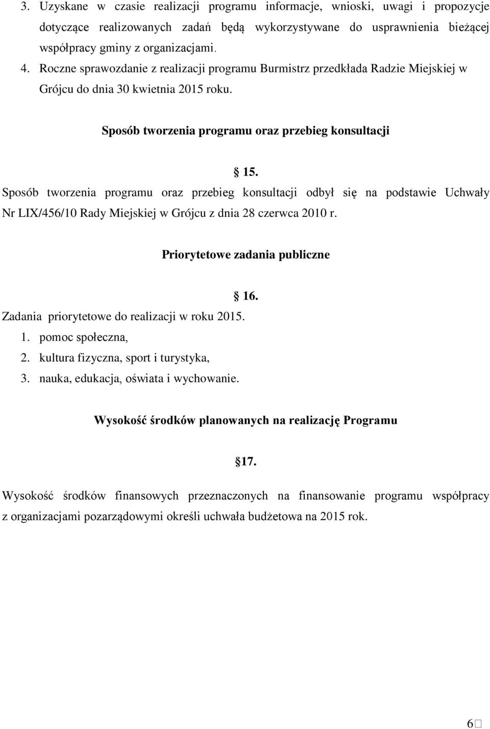 Sposób tworzenia programu oraz przebieg konsultacji odbył się na podstawie Uchwały Nr LIX/456/10 Rady Miejskiej w Grójcu z dnia 28 czerwca 2010 r. Priorytetowe zadania publiczne 16.