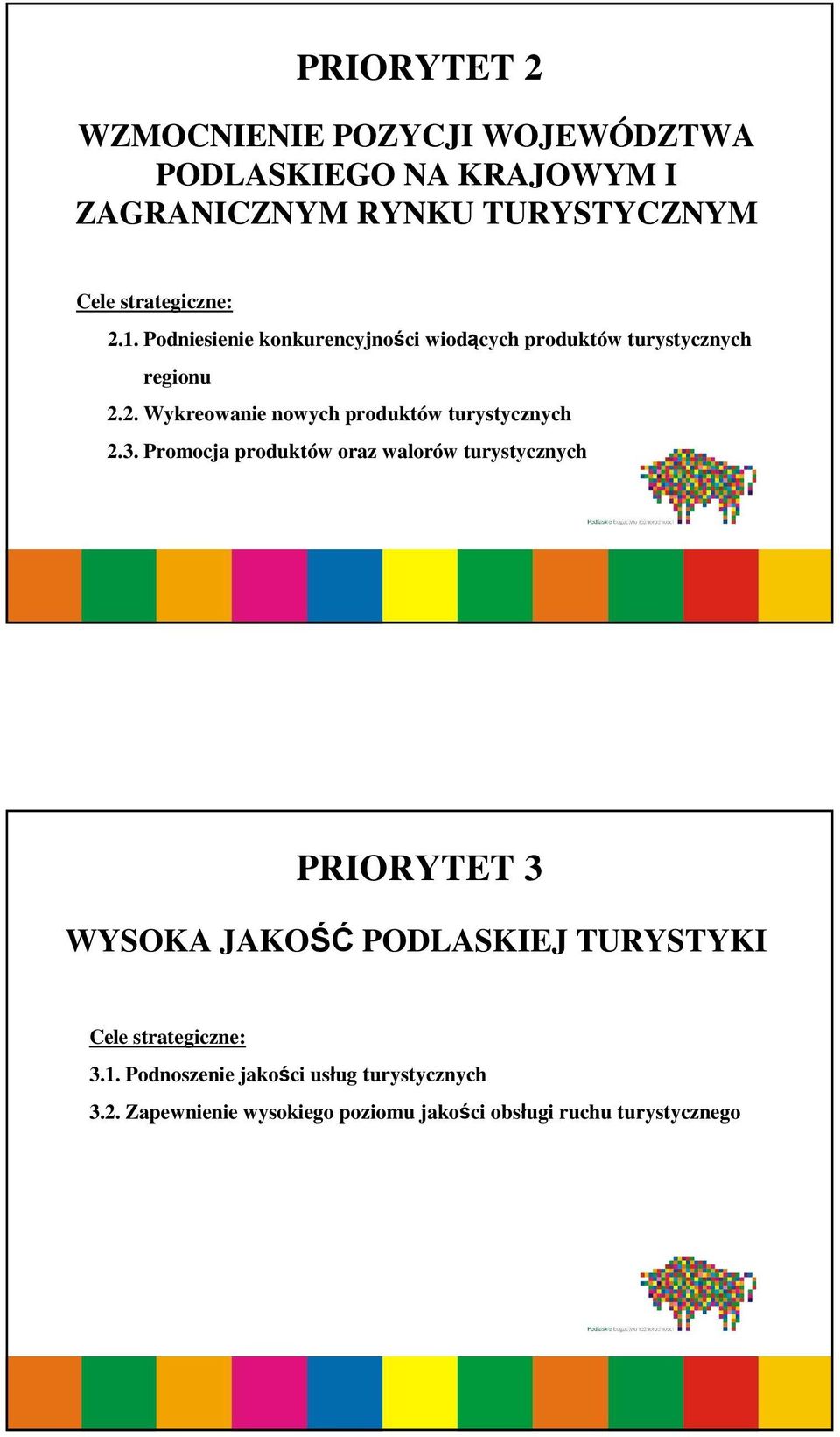 3. Promocja produktów oraz walorów turystycznych PRIORYTET 3 WYSOKA JAKOŚĆ PODLASKIEJ TURYSTYKI Cele strategiczne: 3.1.