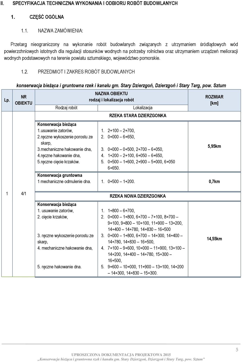 1. NAZWA ZAMÓWIENIA: Przetarg nieograniczony na wykonanie robót budowlanych związanych z utrzymaniem śródlądowych wód powierzchniowych istotnych dla regulacji stosunków wodnych na potrzeby rolnictwa