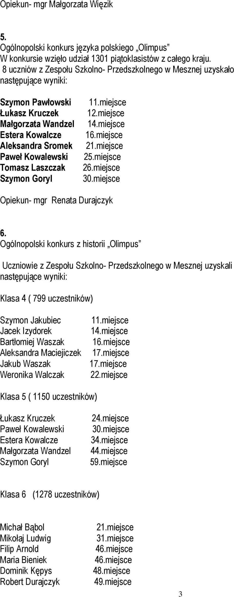 Laszczak Szymon Goryl 11.miejsce 12.miejsce 14.miejsce 16.miejsce 21.miejsce 25.miejsce 26.miejsce 30.miejsce Opiekun- mgr Renata Durajczyk 6.