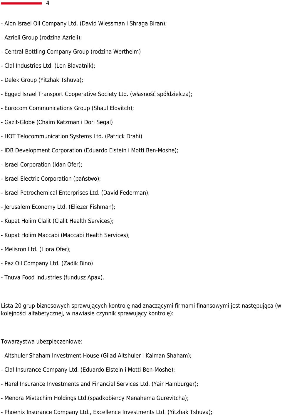 (własność spółdzielcza); - Eurocom Communications Group (Shaul Elovitch); - Gazit-Globe (Chaim Katzman i Dori Segal) - HOT Telocommunication Systems Ltd.