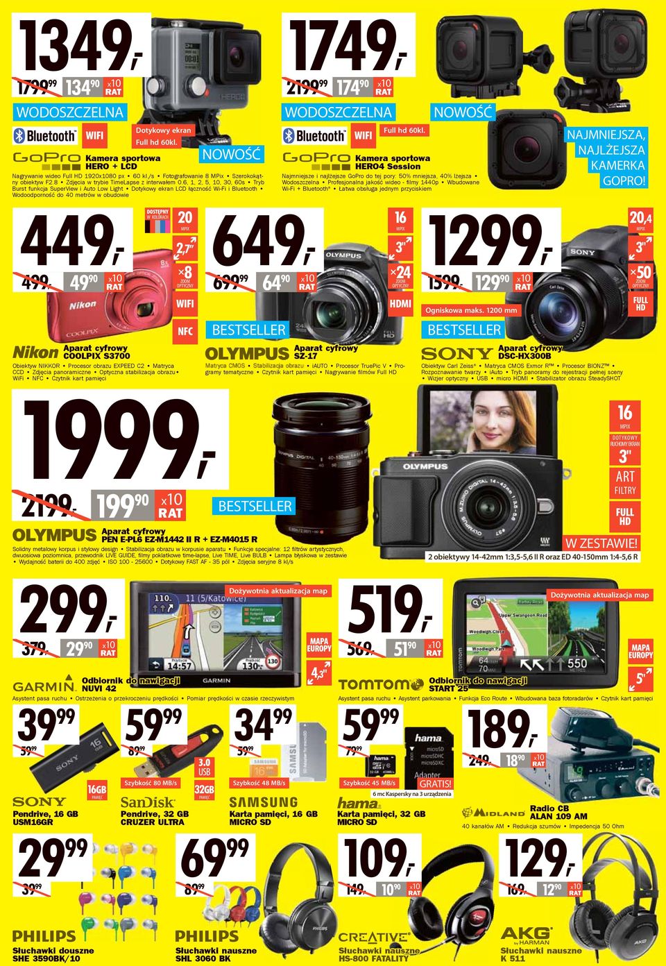6, 1, 2, 5, 10, 30, 60s Tryb Burst funkcja SuperView i Auto Low Light Dotykowy ekran LCD łączność Wi-Fi i Bluetooth Wodoodporność do 40 metrów w obudowie 449, DOSTĘPNY W KOLORACH 20 MPIX 2,7 499, 8