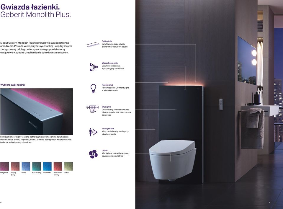 Delikatnie Spłukiwanie przy użyciu elektroniki typu soft-touch Wszechstronnie Czujnik oświetlenia wykrywający dzień/noc Wybierz swój nastrój Nastrojowo Podświetlenie ComfortLight w wielu kolorach