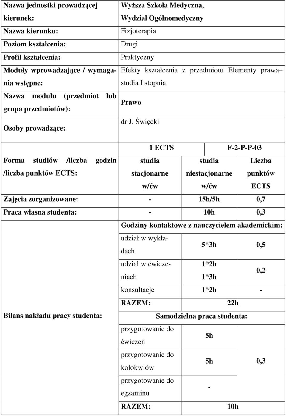 Święcki 1 ECTS F-2-P-P-03 Forma studiów /liczba godzin studia studia Liczba /liczba punktów ECTS: stacjonarne w/ćw niestacjonarne w/ćw punktów ECTS Zajęcia zorganizowane: - 15h/5h 0,7 Praca własna