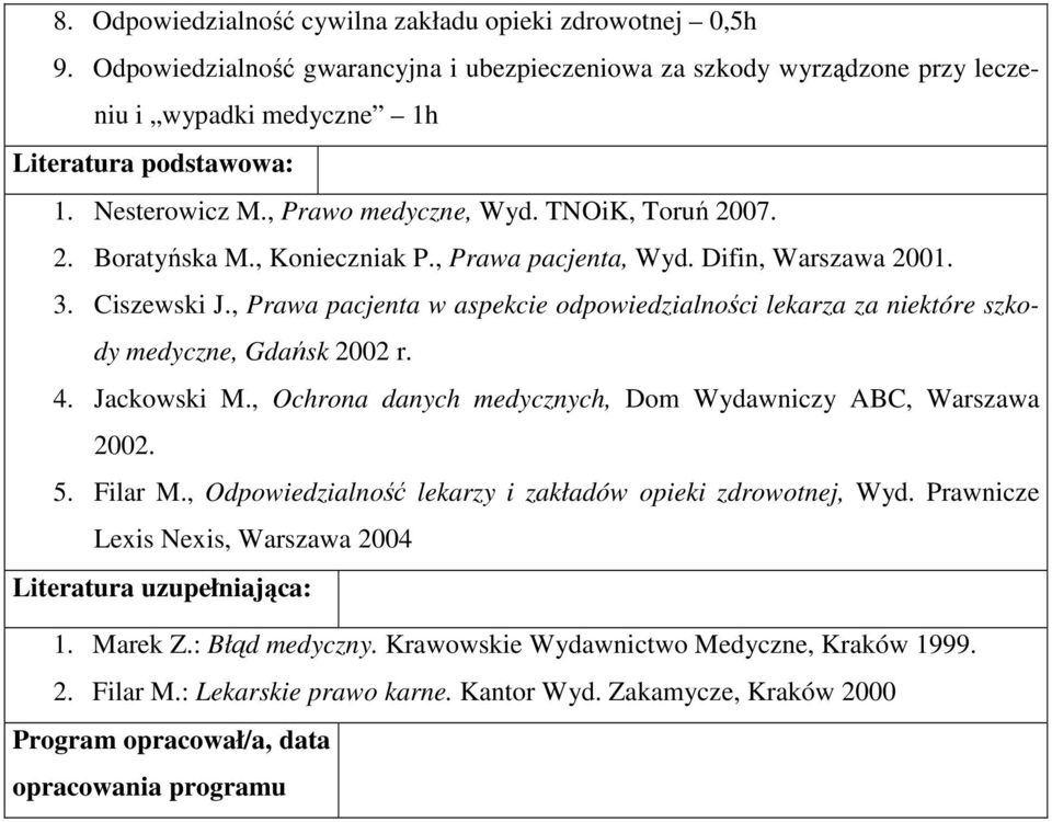 , Prawa pacjenta w aspekcie odpowiedzialności lekarza za niektóre szkody medyczne, Gdańsk 2002 r. 4. Jackowski M., Ochrona danych medycznych, Dom Wydawniczy ABC, Warszawa 2002. 5. Filar M.