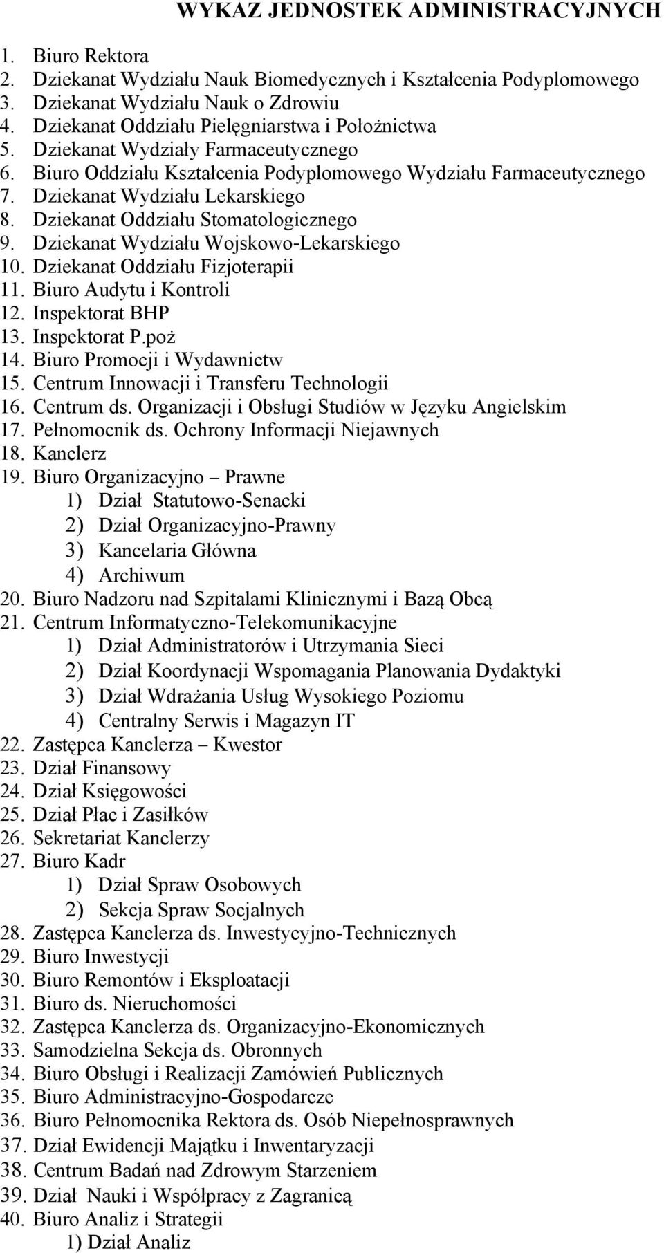 Dziekanat Oddziału Stomatologicznego 9. Dziekanat Wydziału Wojskowo-Lekarskiego 10. Dziekanat Oddziału Fizjoterapii 11. Biuro Audytu i Kontroli 12. Inspektorat BHP 13. Inspektorat P.poż 14.