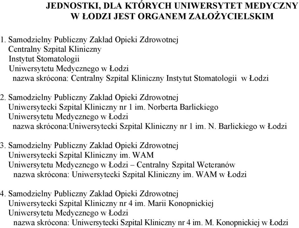 Łodzi 2. Samodzielny Publiczny Zakład Opieki Zdrowotnej Uniwersytecki Szpital Kliniczny nr 1 im.