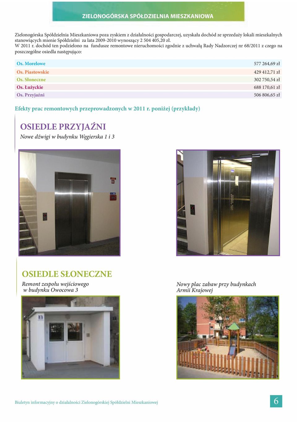 dochód ten podzielono na fundusze remontowe nieruchomości zgodnie z uchwałą Rady Nadzorczej nr 68/2011 z czego na poszczególne osiedla następująco: Os. Morelowe Os. Piastowskie Os.