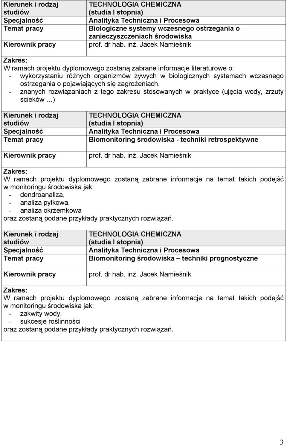 wody, zrzuty scieków ) TECHNOLOGIA CHEMICZNA Analityka Techniczna i Procesowa Biomonitoring środowiska - techniki retrospektywne W ramach projektu dyplomowego zostaną zabrane informacje na temat