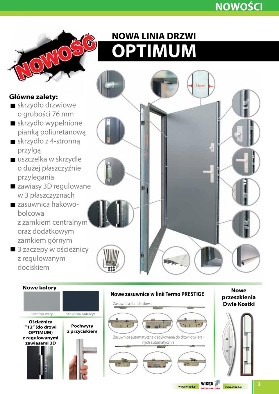 zaczepy w ościeżnicy z regulowanym dociskiem Nowe kolory Nowe zasuwnice w linii Termo PRESTIGE Zasuwnica standardowa Nowe przeszklenia Dwie Kostki Srebrno szary