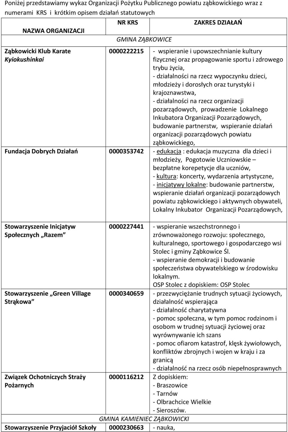 dorosłych oraz turystyki i krajoznawstwa, działalności na rzecz organizacji pozarządowych, prowadzenie Lokalnego Inkubatora Organizacji Pozarządowych, budowanie partnerstw, wspieranie działań