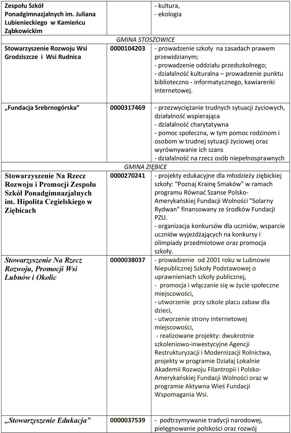 prowadzenie oddziału przedszkolnego; działalność kulturalna prowadzenie punktu biblioteczno informatycznego, kawiarenki internetowej.