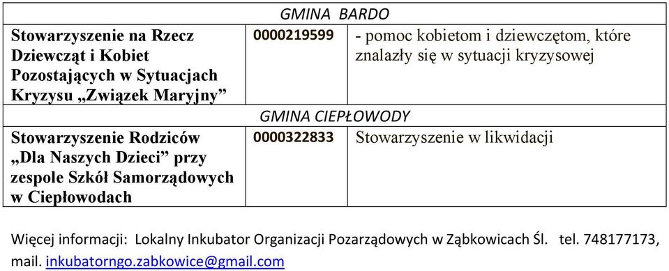 dziewczętom, które znalazły się w sytuacji kryzysowej GMINA CIEPŁOWODY 0000322833 Stowarzyszenie w likwidacji Więcej