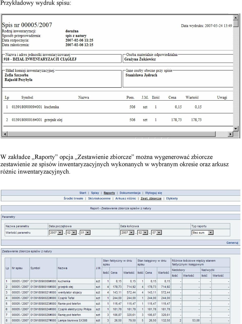 zestawienie ze spisów inwentaryzacyjnych wykonanych