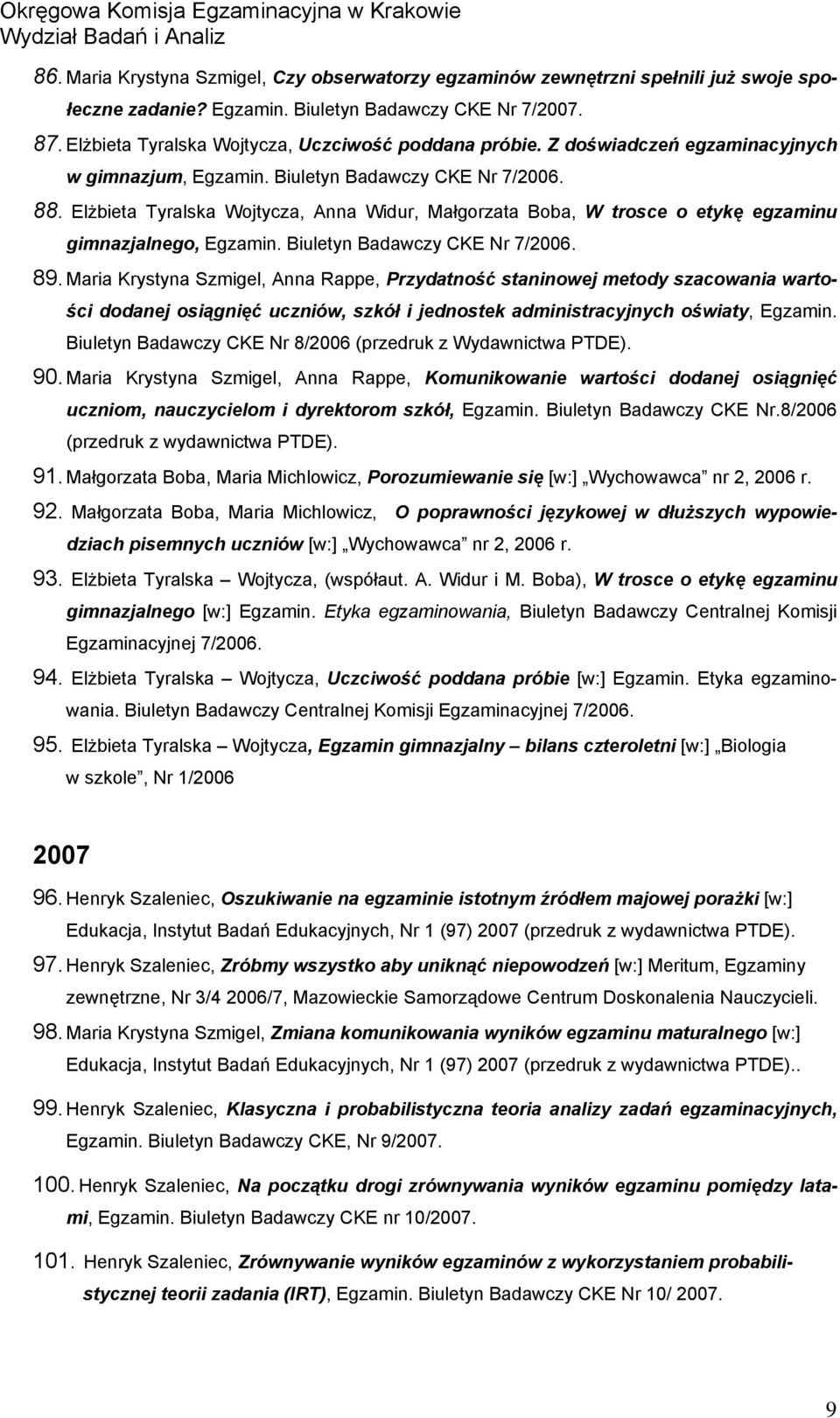 Elżbieta Tyralska Wojtycza, Anna Widur, Małgorzata Boba, W trosce o etykę egzaminu gimnazjalnego, Egzamin. Biuletyn Badawczy CKE Nr 7/2006. 89.