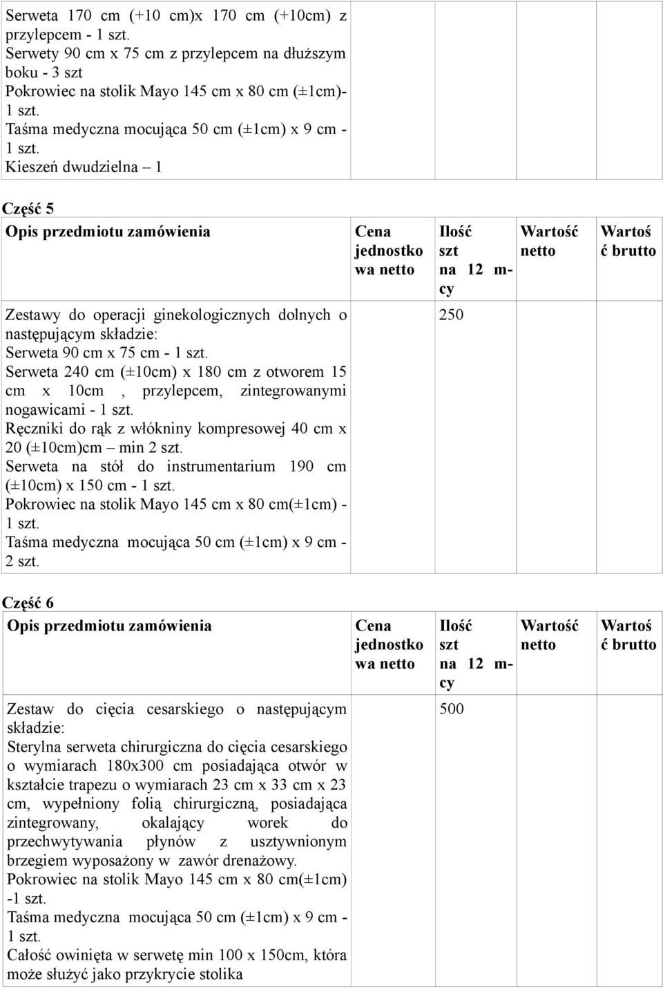 Serweta na stół do instrumentarium 190 cm (±10cm) x 150 cm - 1. Pokrowiec na stolik Mayo 145 cm x 80 cm(±1cm) - 1. 2.