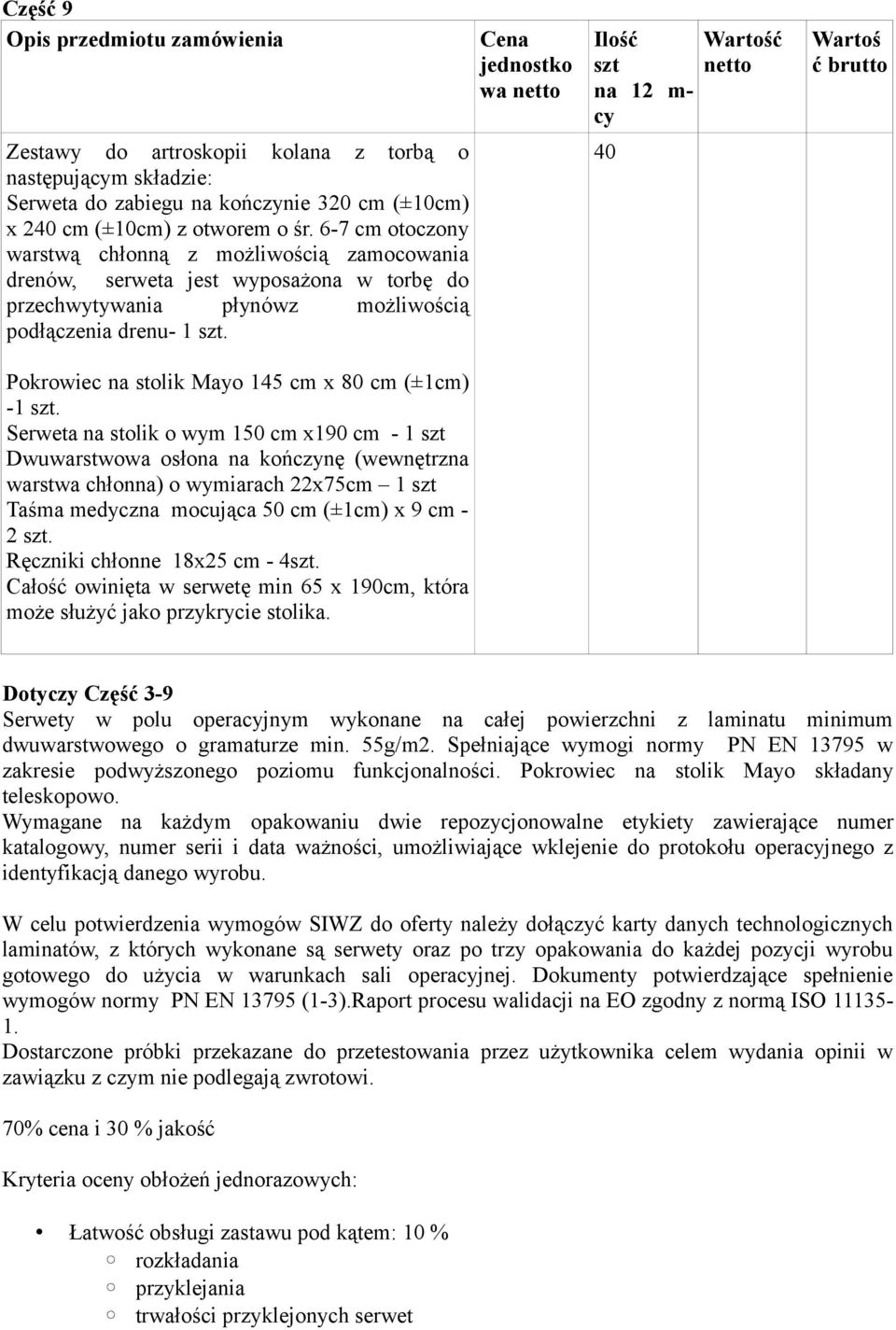 Pokrowiec na stolik Mayo 145 cm x 80 cm (±1cm) -1. Serweta na stolik o wym 150 cm x190 cm - 1 Dwuwarstwowa osłona na kończynę (wewnętrzna warstwa chłonna) o wymiarach 22x75cm 1 2.