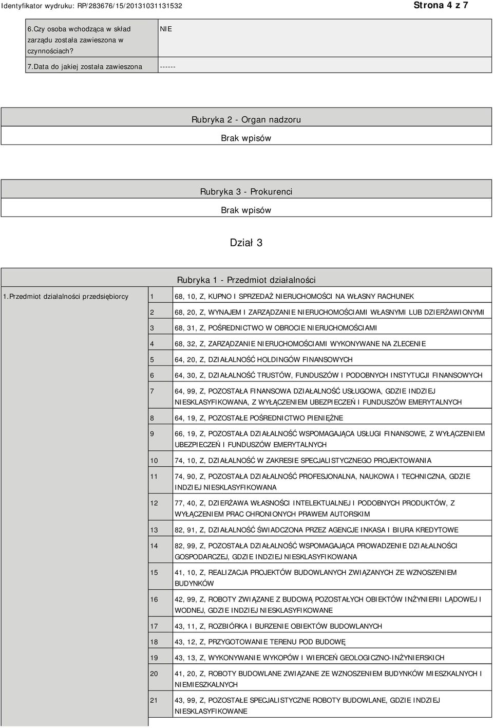 OBROCIE RUCHOMOŚCIAMI 4 68, 32, Z, ZARZĄDZA RUCHOMOŚCIAMI WYKONYWANE NA ZLECE 5 64, 20, Z, DZIAŁALNOŚĆ HOLDINGÓW FINANSOWYCH 6 64, 30, Z, DZIAŁALNOŚĆ TRUSTÓW, FUNDUSZÓW I PODOBNYCH INSTYTUCJI