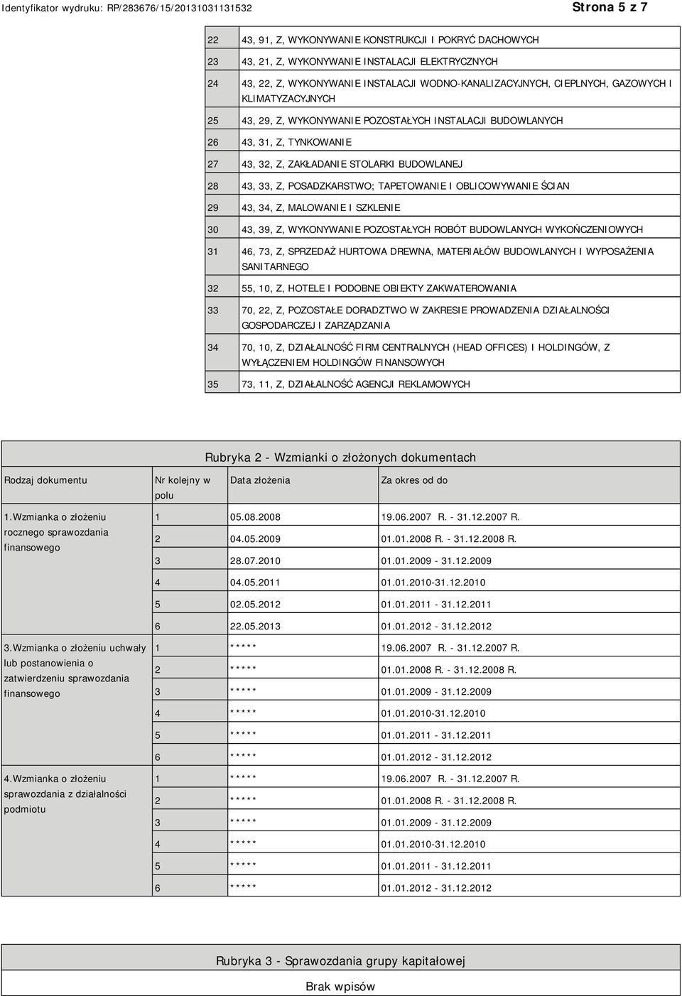 43, 34, Z, MALOWA I SZKLE 30 43, 39, Z, WYKONYWA POZOSTAŁYCH ROBÓT BUDOWLANYCH WYKOŃCZENIOWYCH 31 46, 73, Z, SPRZEDAŻ HURTOWA DREWNA, MATERIAŁÓW BUDOWLANYCH I WYPOSAŻENIA SANITARNEGO 32 55, 10, Z,