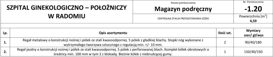 Stopki nóg wykonane z wytrzymałego tworzywa sztucznego z regulacją min. +/- 10 mm.