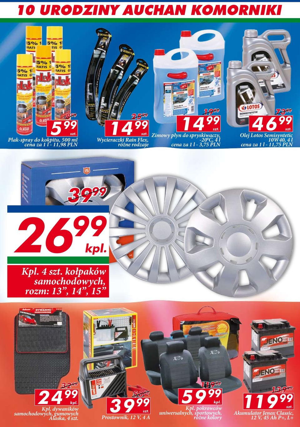 Olej Lotos Semisyntetic 10W40, 4 l cena za 1 l - 11,75 PLN 39 99 26 99 kpl. Kpl. 4 szt. kołpaków samochodowych, rozm: 13, 14, 15 32 99 24 99 kpl. Kpl. dywaników samochodowych, gumowych Alaska, 4 szt.