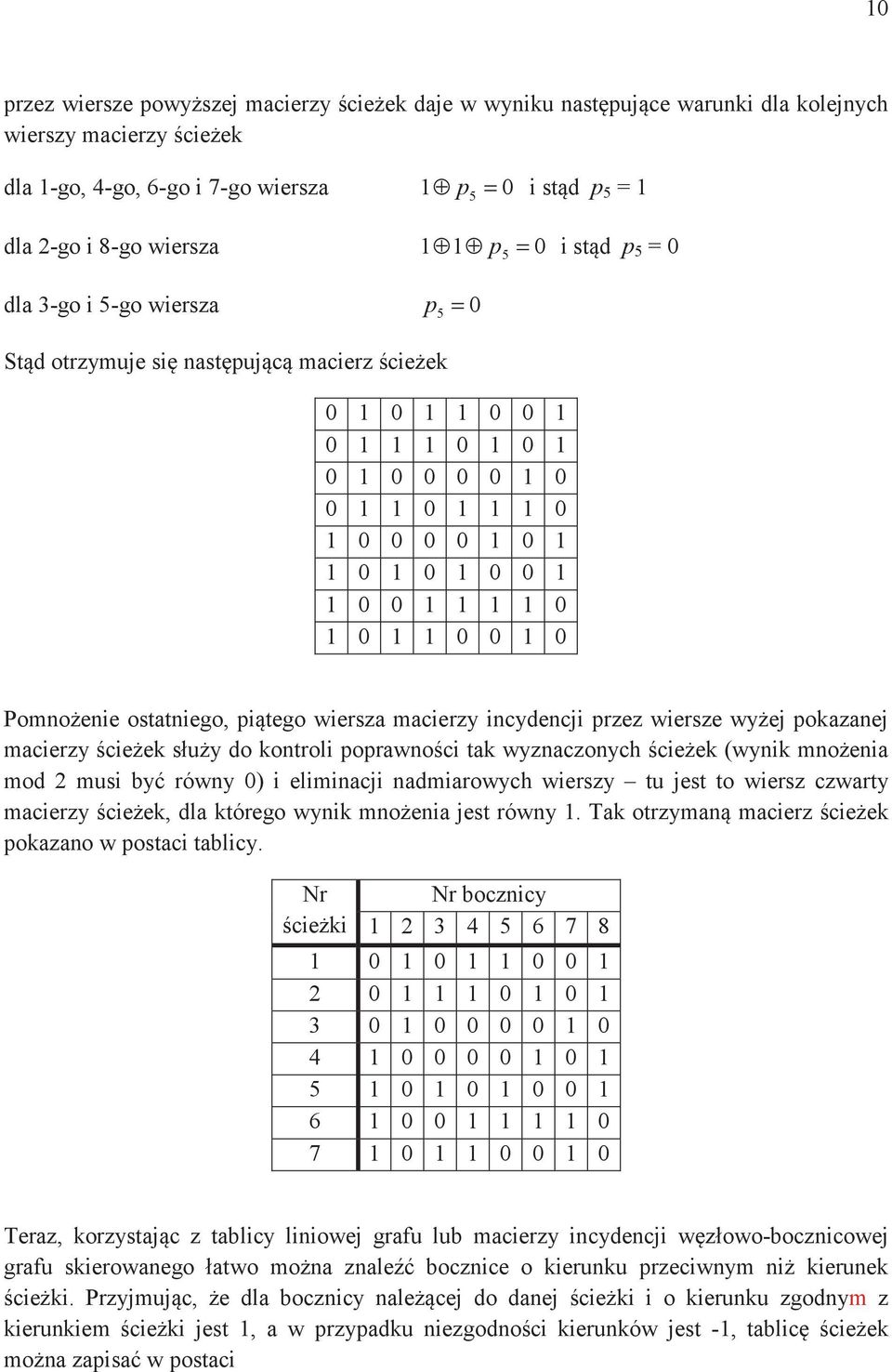 incydencji przez wiersze wyej pokazanej macierzy cieek słuy do kontroli poprawnoci tak wyznaczonych cieek (wynik mnoenia mod 2 musi by równy ) i eliminacji nadmiarowych wierszy tu jest to wiersz
