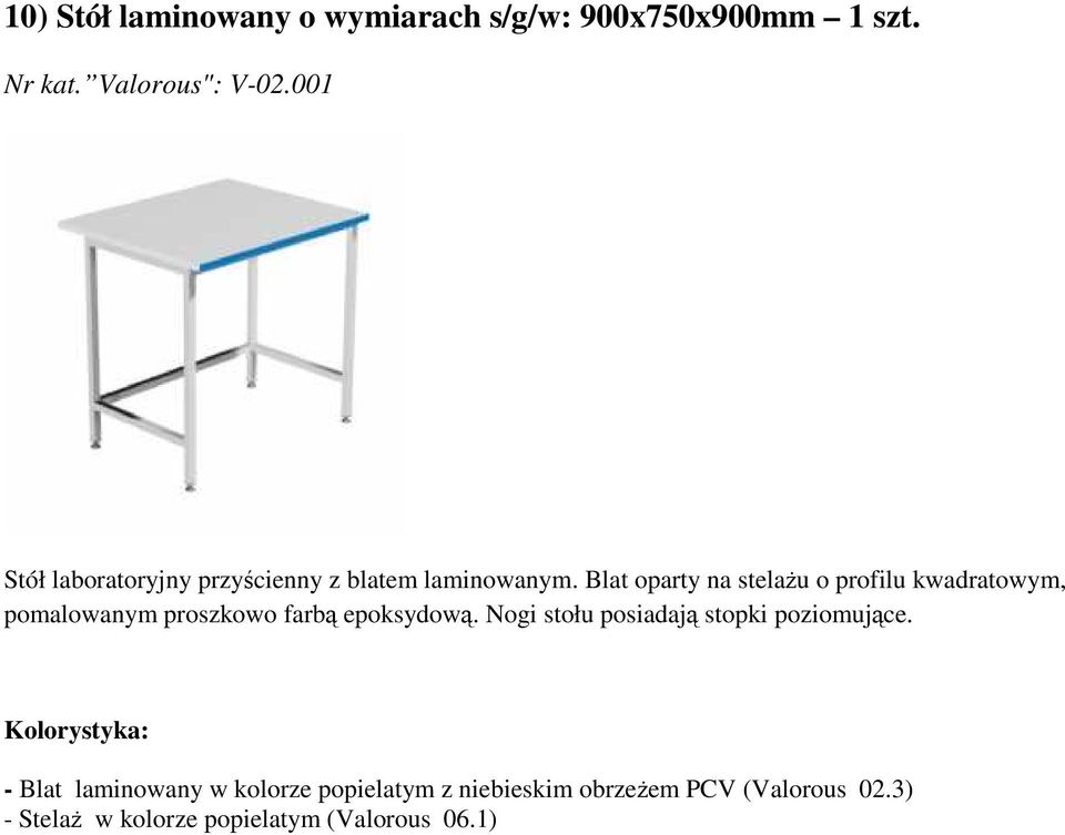 Blat oparty na stelaŝu o profilu kwadratowym, pomalowanym proszkowo farbą epoksydową.