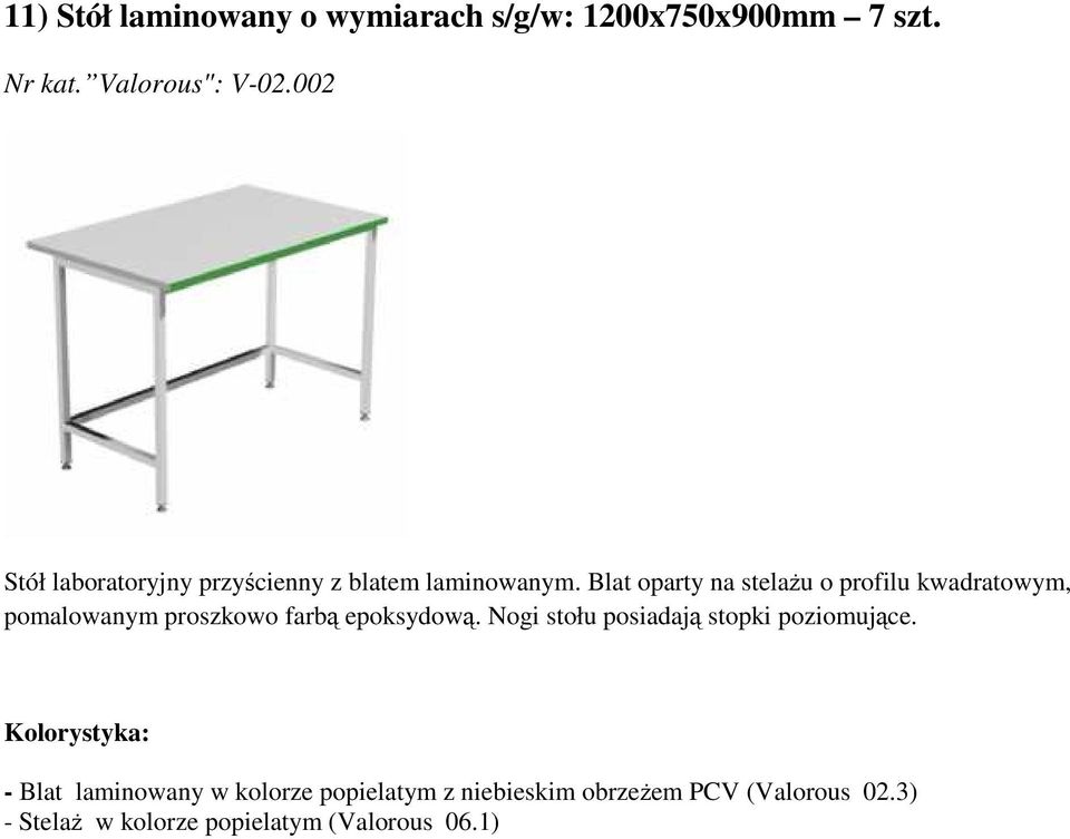 Blat oparty na stelaŝu o profilu kwadratowym, pomalowanym proszkowo farbą epoksydową.