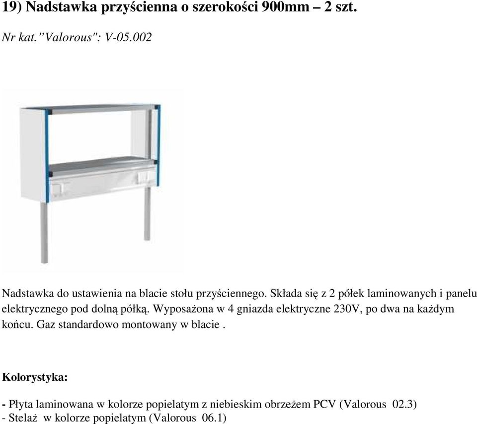 Składa się z 2 półek laminowanych i panelu elektrycznego pod dolną półką.