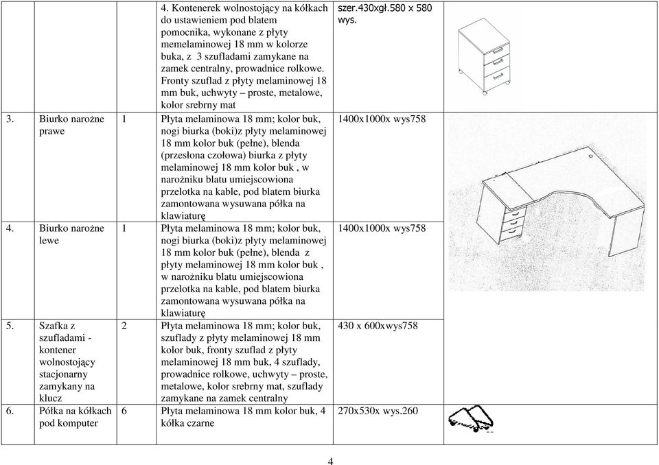 Fronty szuflad z płyty melaminowej 18 mm buk, uchwyty proste, metalowe, kolor srebrny mat 1 Płyta melaminowa 18 mm; kolor buk, nogi biurka (boki)z płyty melaminowej 18 mm kolor buk (pełne), blenda