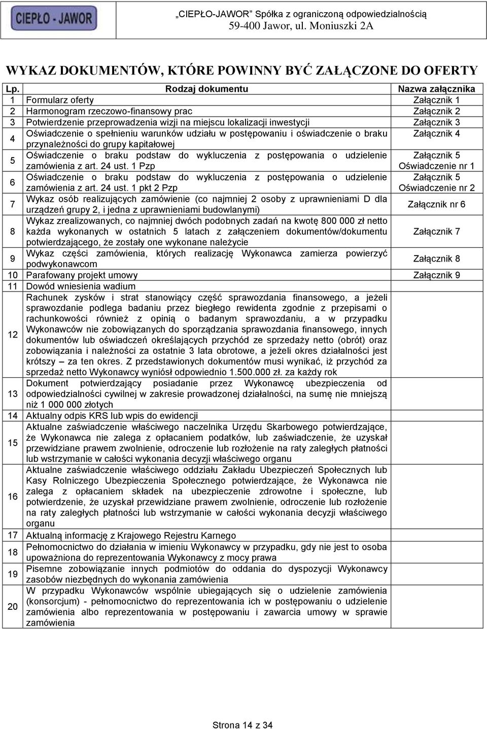 4 Oświadczenie o spełnieniu warunków udziału w postępowaniu i oświadczenie o braku Załącznik 4 przynależności do grupy kapitałowej 5 Oświadczenie o braku podstaw do wykluczenia z postępowania o