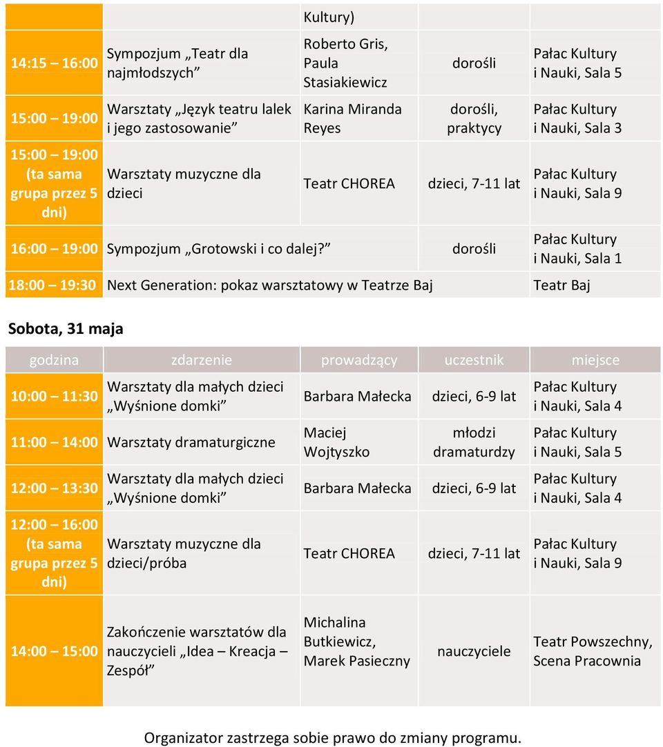 18:00 19:30 Next Generation: pokaz warsztatowy w Teatrze Baj Teatr Baj Sobota, 31 maja Wyśnione domki 11:00 14:00 Warsztaty dramaturgiczne 12:00 13:30 12:00