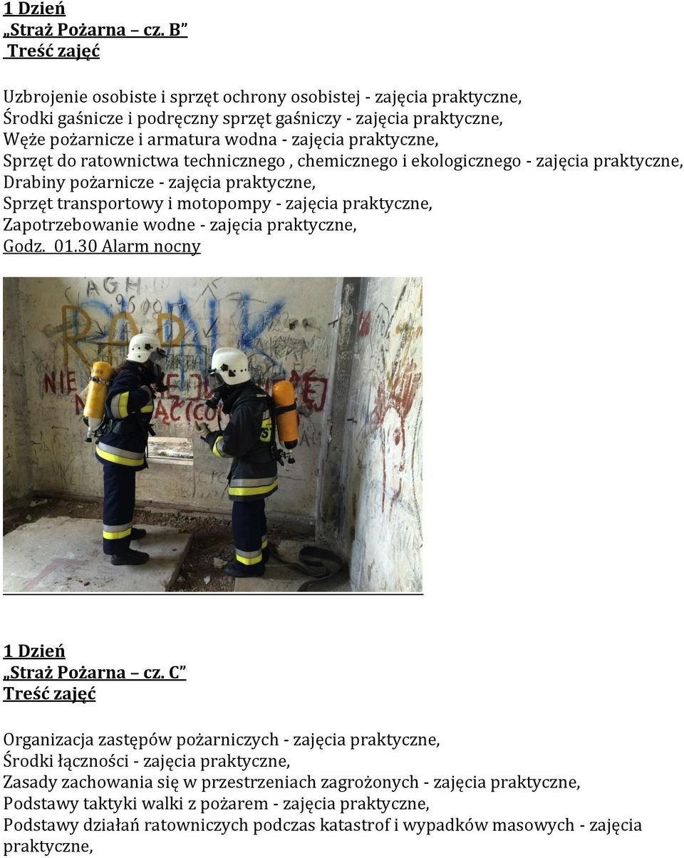 do ratownictwa technicznego, chemicznego i ekologicznego - zajęcia praktyczne, Drabiny pożarnicze - zajęcia praktyczne, Sprzęt transportowy i motopompy - zajęcia praktyczne, Zapotrzebowanie wodne -