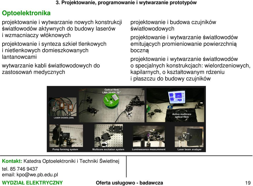 światłowodowych projektowanie i wytwarzanie światłowodów emitujących promieniowanie powierzchnią boczną projektowanie i wytwarzanie światłowodów o specjalnych konstrukcjach: wielordzeniowych,