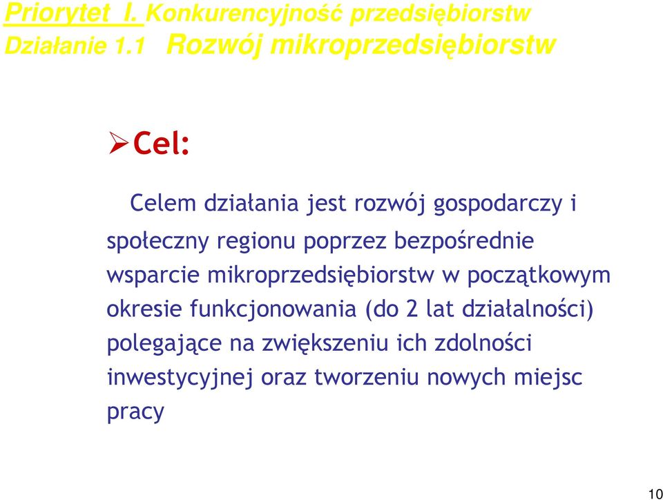 regionu poprzez bezpośrednie wsparcie mikroprzedsiębiorstw w początkowym okresie