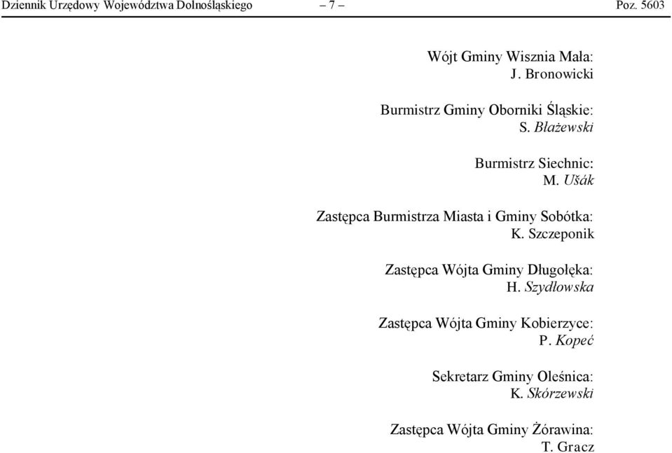 Ušák Zastępca Burmistrza Miasta i Gminy Sobótka: K. Szczeponik Zastępca Wójta Gminy Długołęka: H.